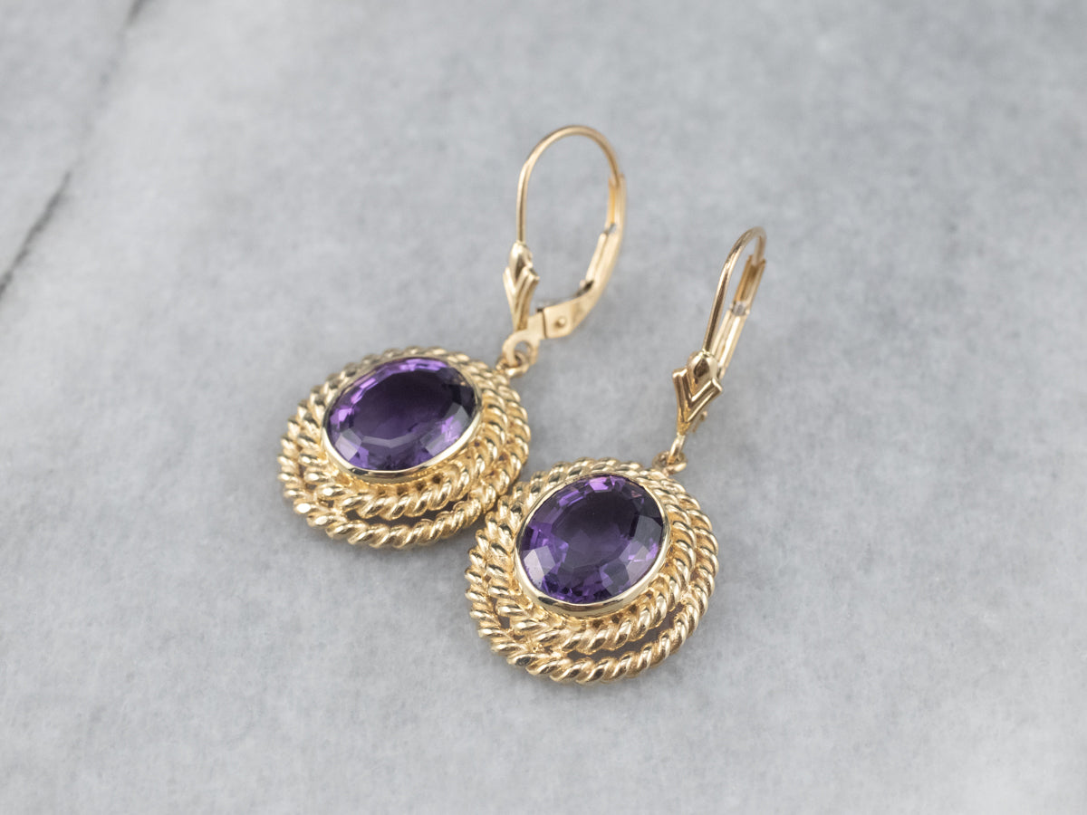 Twisting Gold Amethyst Drop Earrings