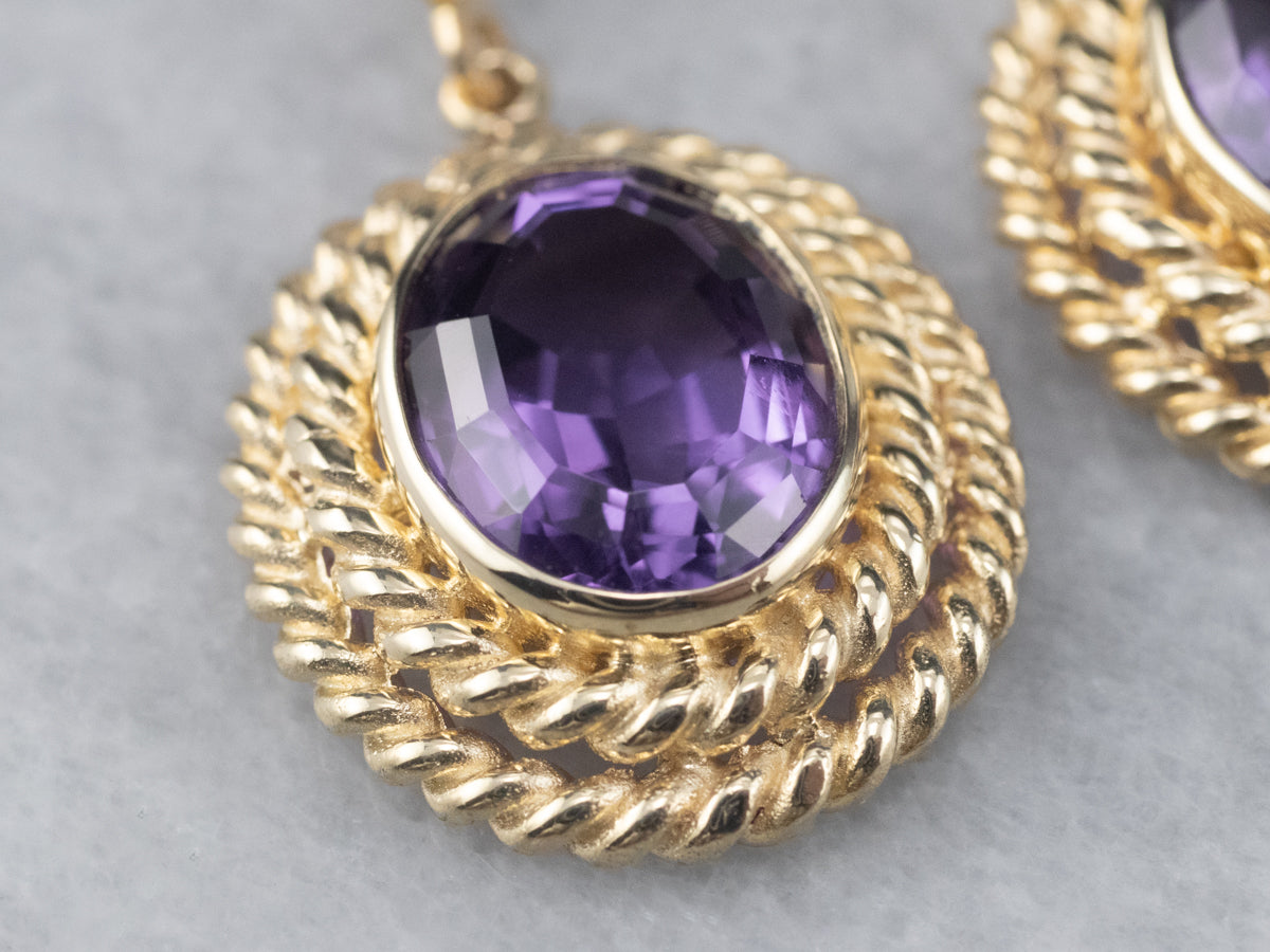 Twisting Gold Amethyst Drop Earrings