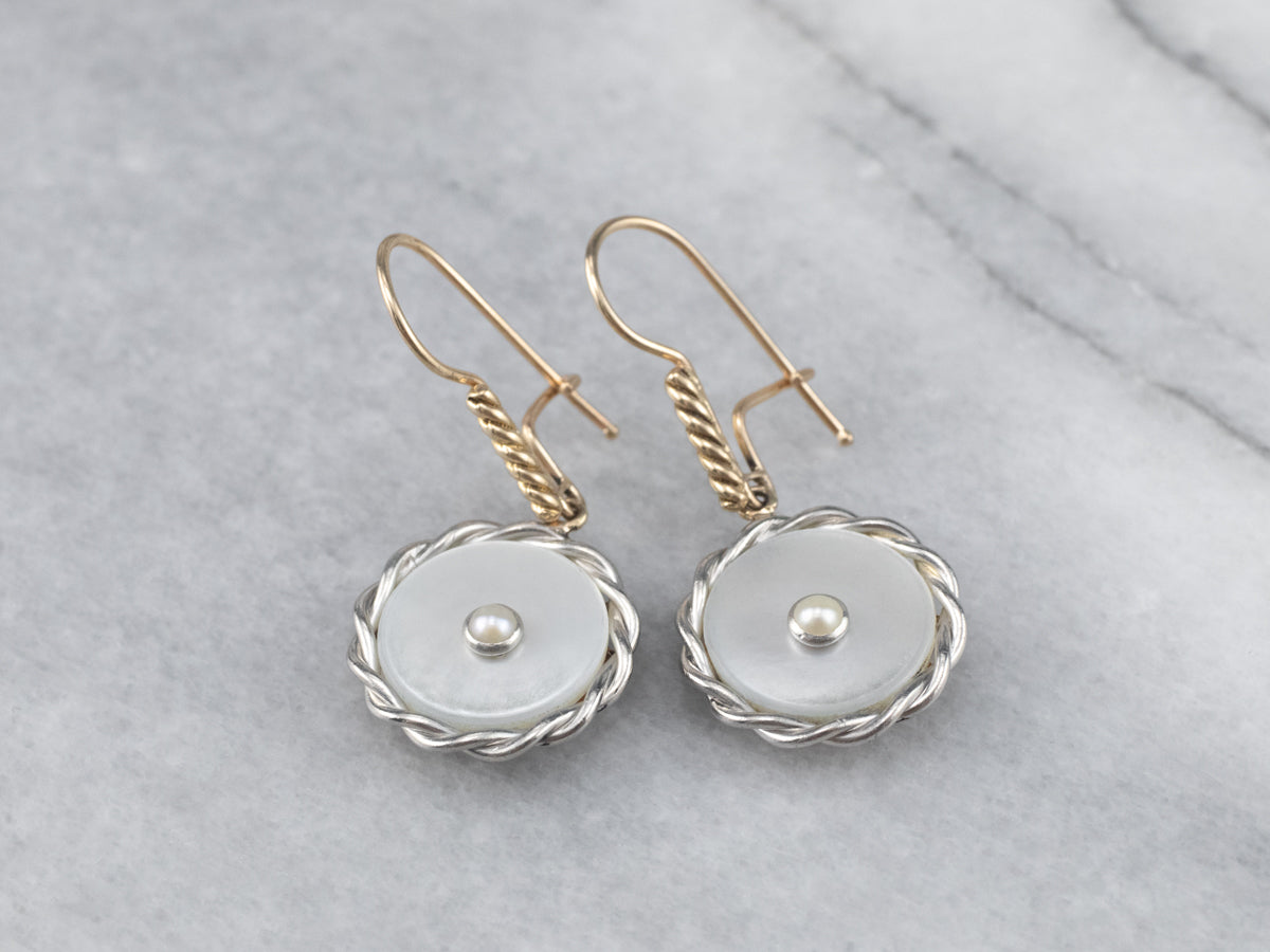 Two Tone Mother of Pearl and Seed Pearl Drop Earrings
