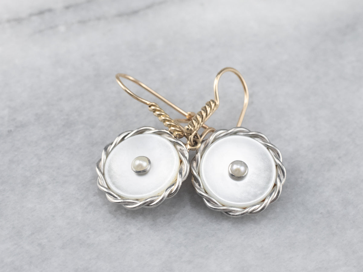 Two Tone Mother of Pearl and Seed Pearl Drop Earrings