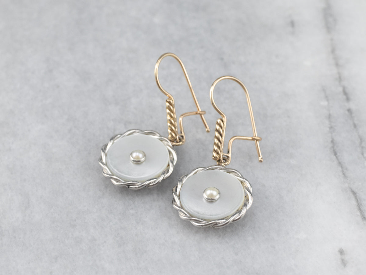 Two Tone Mother of Pearl and Seed Pearl Drop Earrings