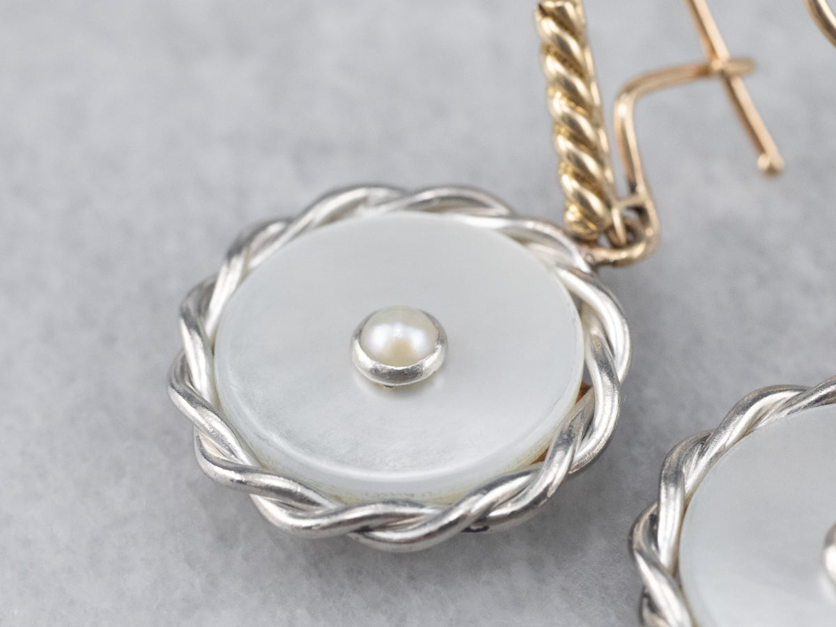 Two Tone Mother of Pearl and Seed Pearl Drop Earrings