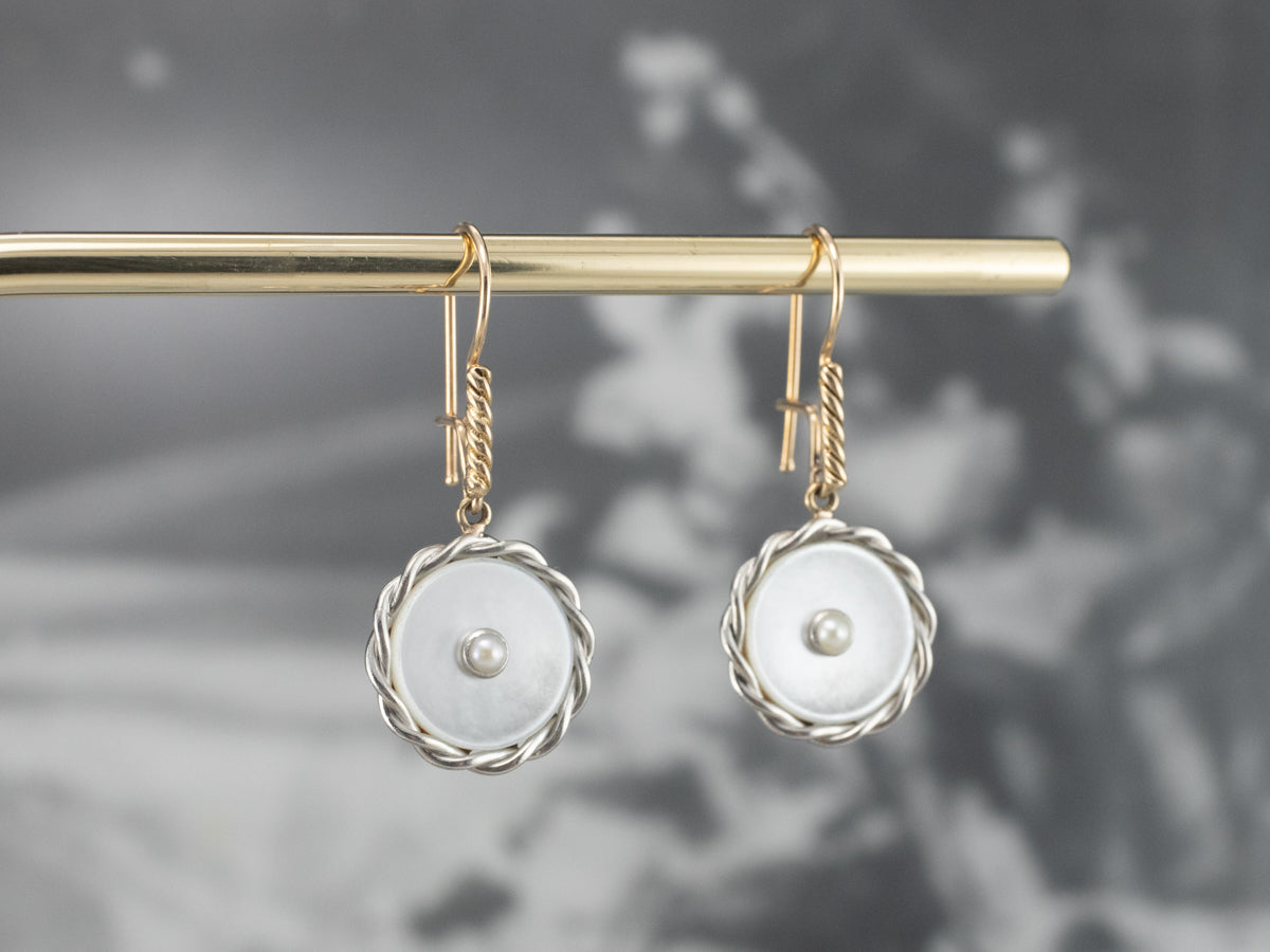 Two Tone Mother of Pearl and Seed Pearl Drop Earrings