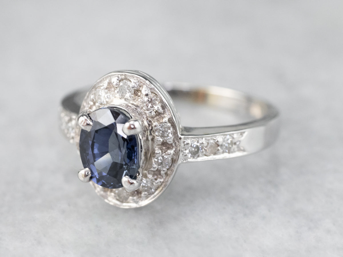 White Gold Sapphire and Diamond Modern Halo Engagement Ring