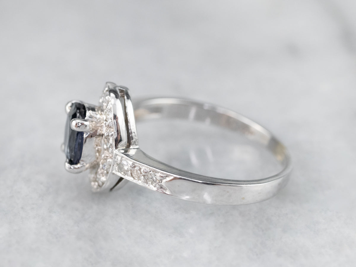 White Gold Sapphire and Diamond Modern Halo Engagement Ring