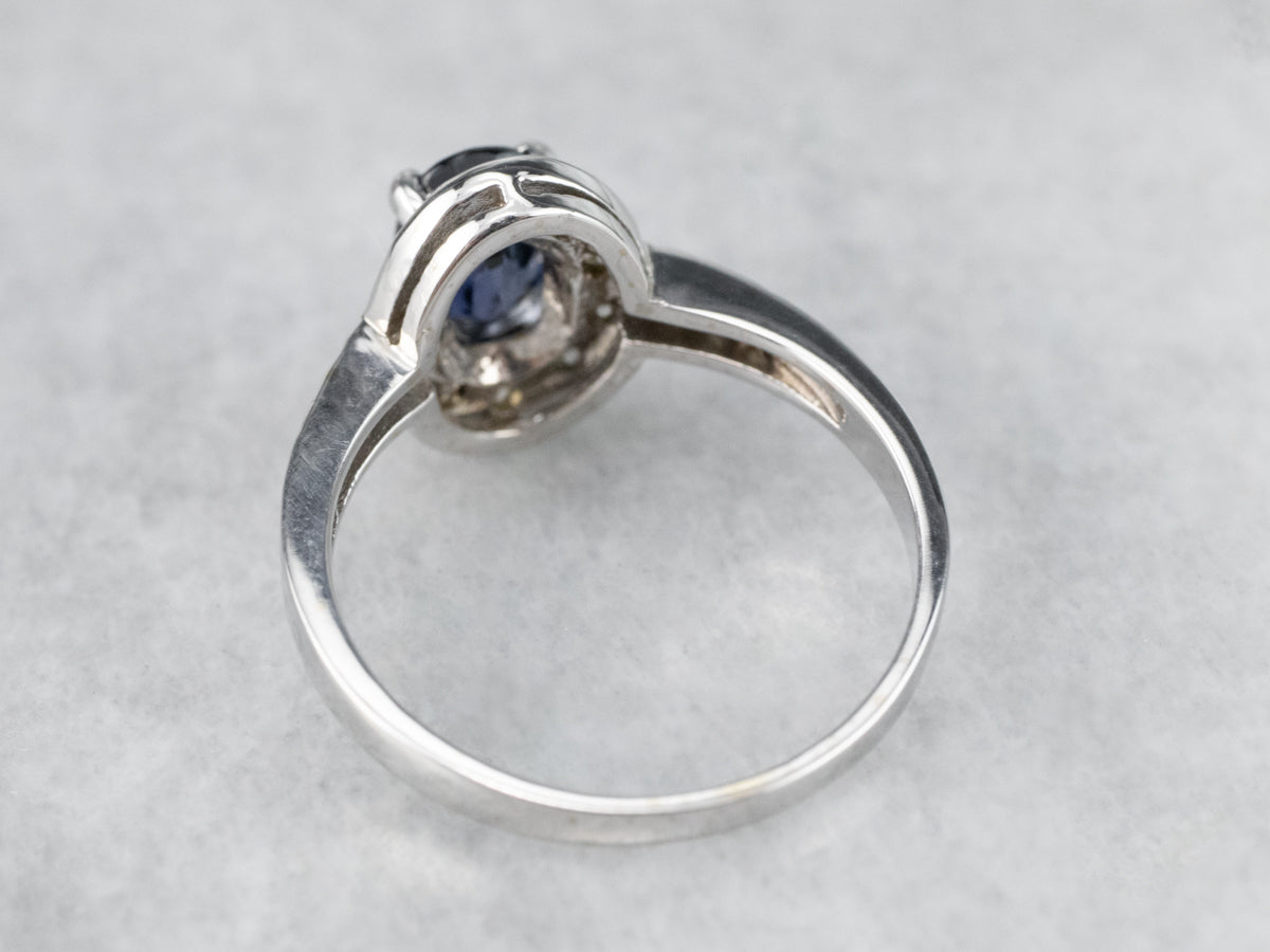 White Gold Sapphire and Diamond Modern Halo Engagement Ring