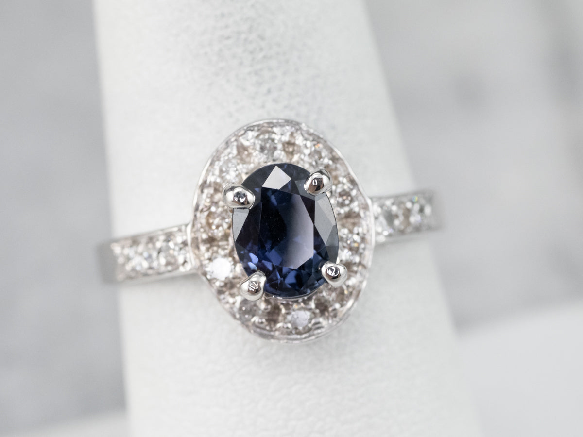 White Gold Sapphire and Diamond Modern Halo Engagement Ring