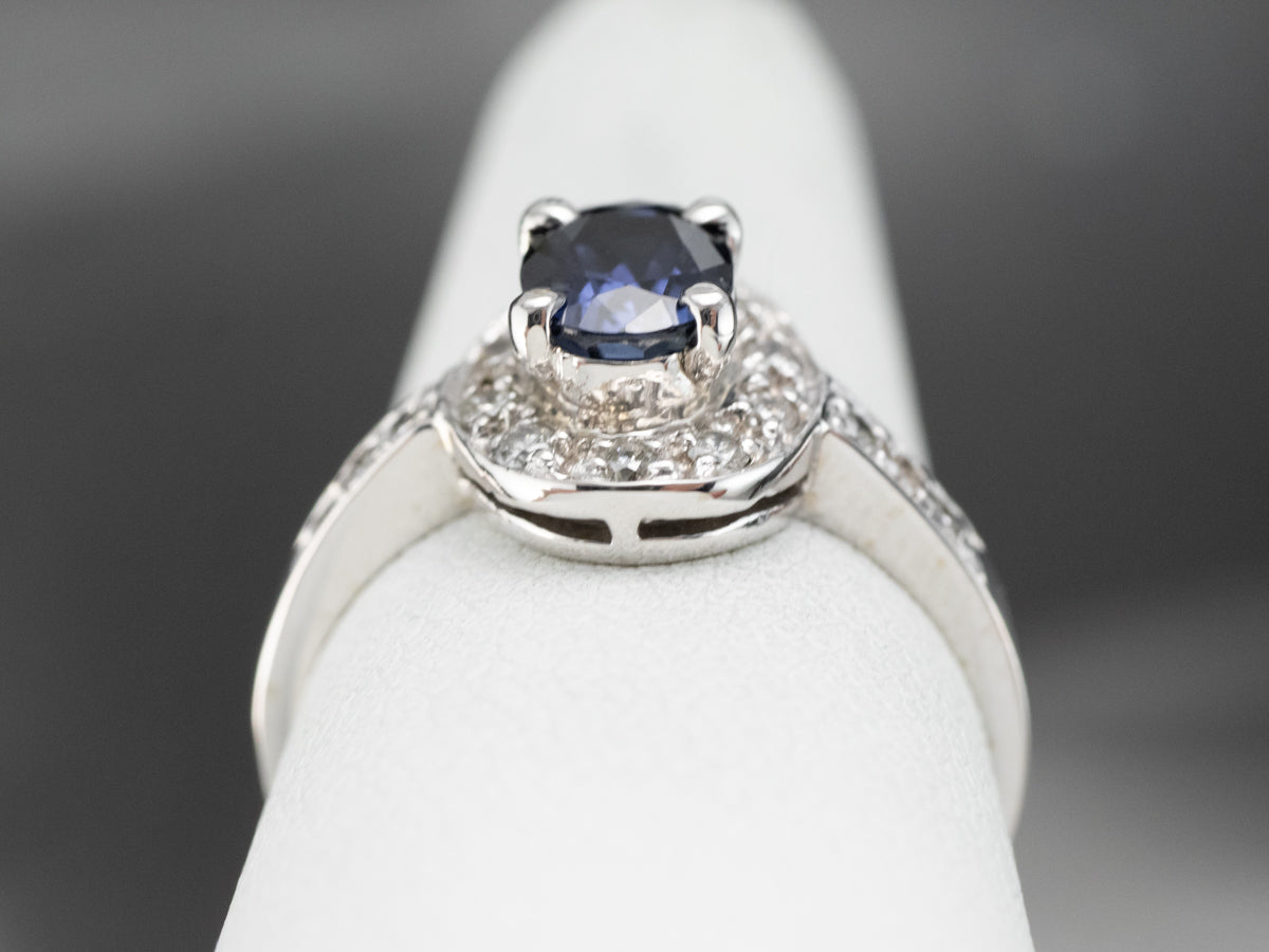 White Gold Sapphire and Diamond Modern Halo Engagement Ring