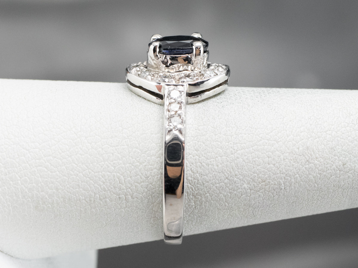White Gold Sapphire and Diamond Modern Halo Engagement Ring