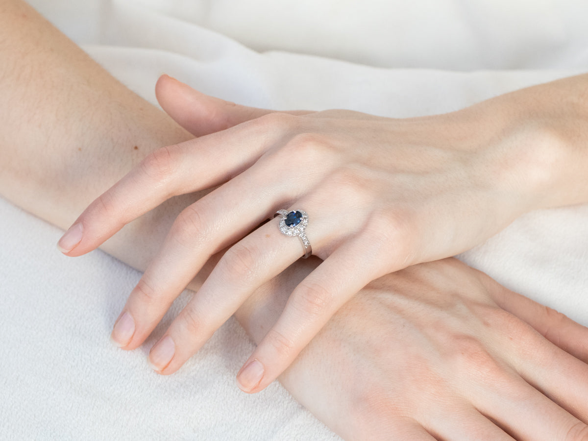 White Gold Sapphire and Diamond Modern Halo Engagement Ring