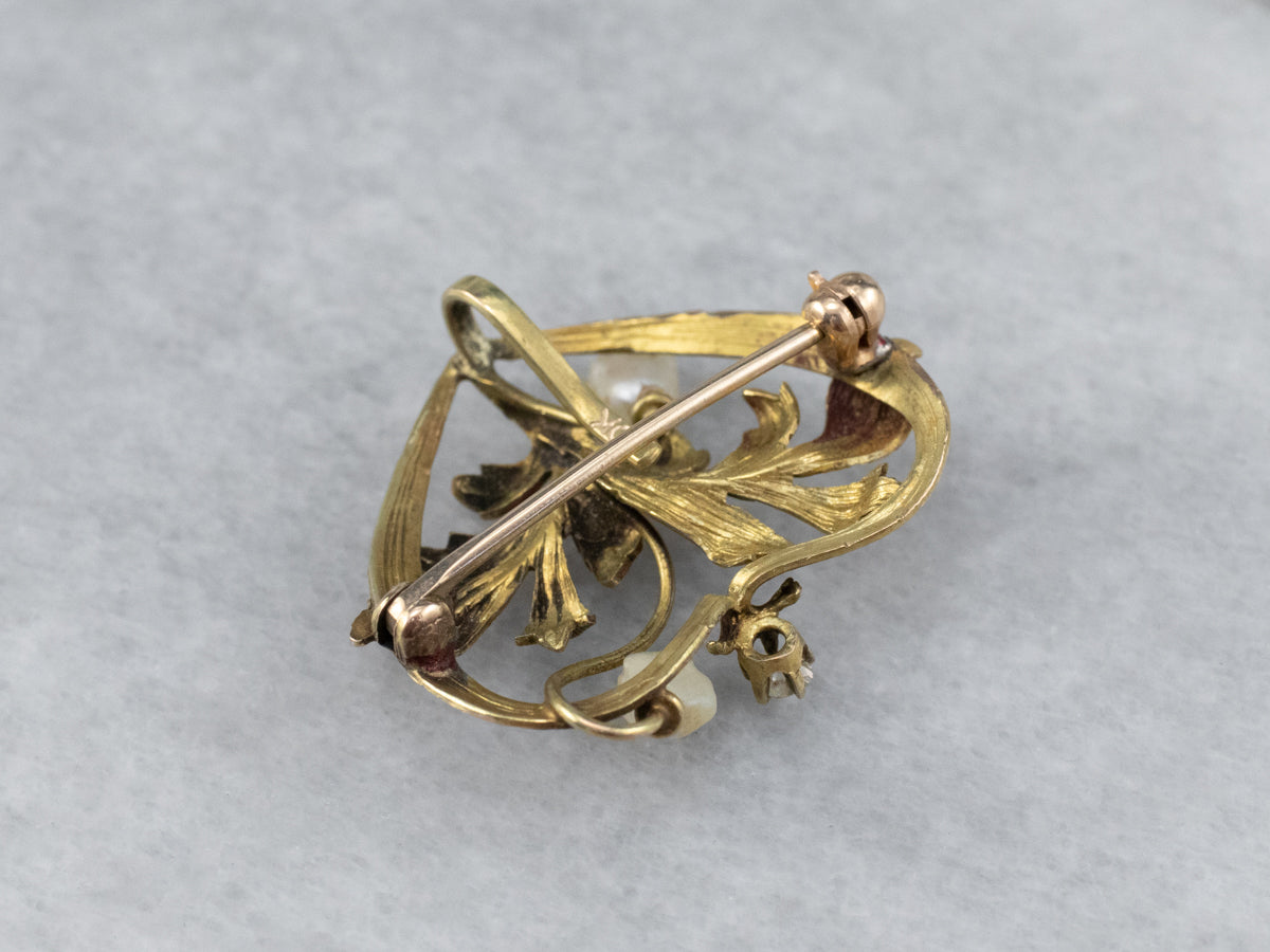 Antique Gold Natural Pearl and Diamond Pin