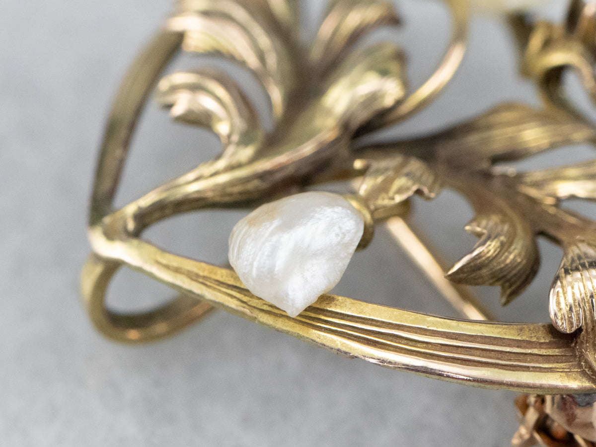 Antique Gold Natural Pearl and Diamond Pin