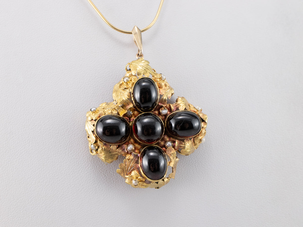 Botanical Garnet Cabochon and Seed Pearl Pendant
