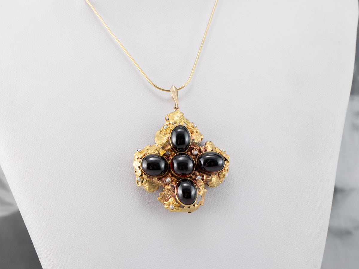 Botanical Garnet Cabochon and Seed Pearl Pendant