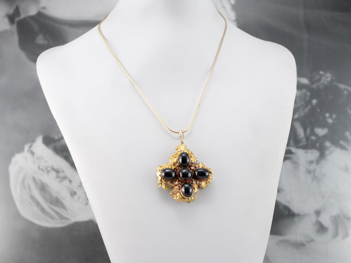 Botanical Garnet Cabochon and Seed Pearl Pendant