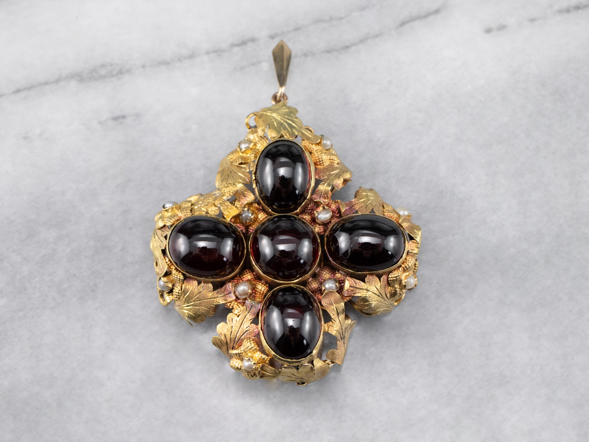 Botanical Garnet Cabochon and Seed Pearl Pendant