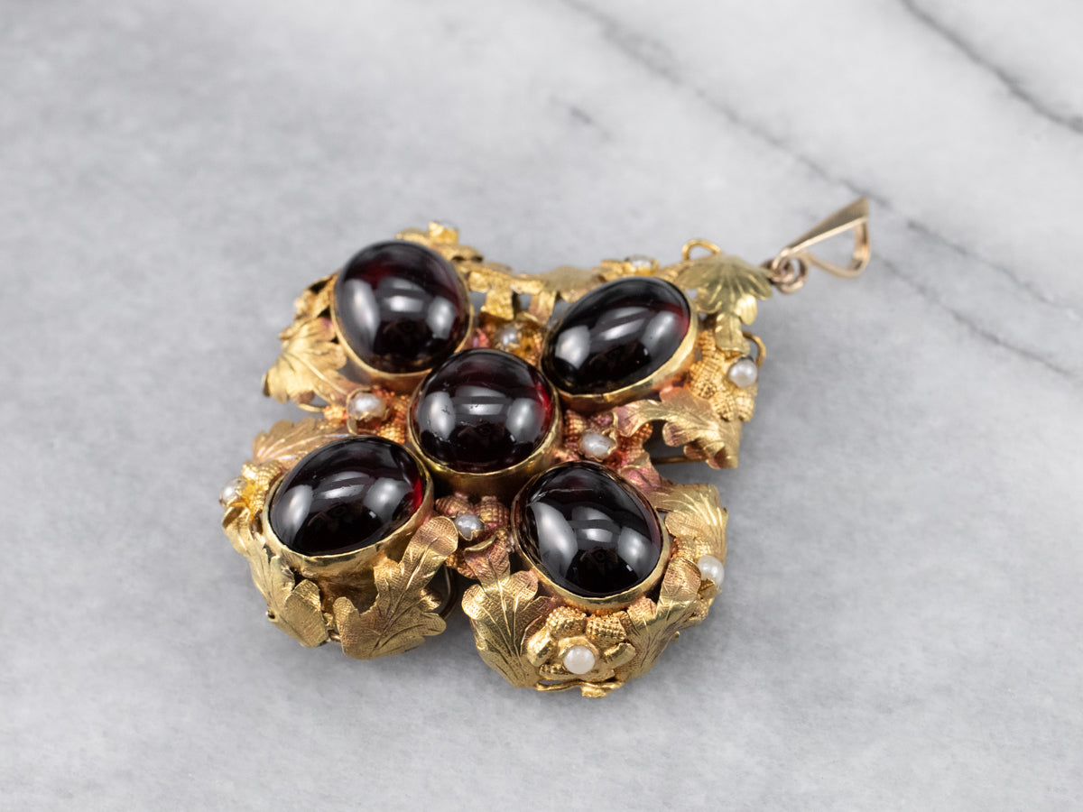 Botanical Garnet Cabochon and Seed Pearl Pendant