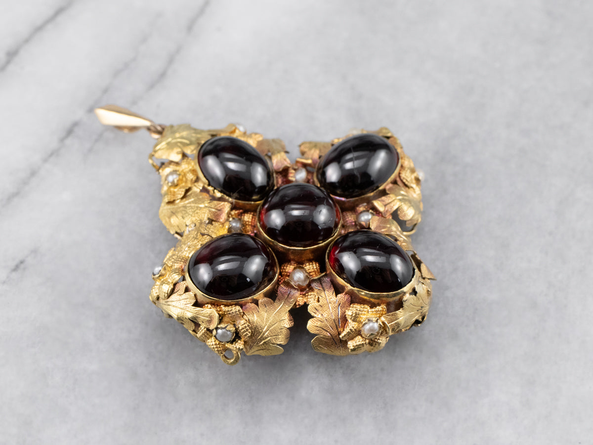 Botanical Garnet Cabochon and Seed Pearl Pendant