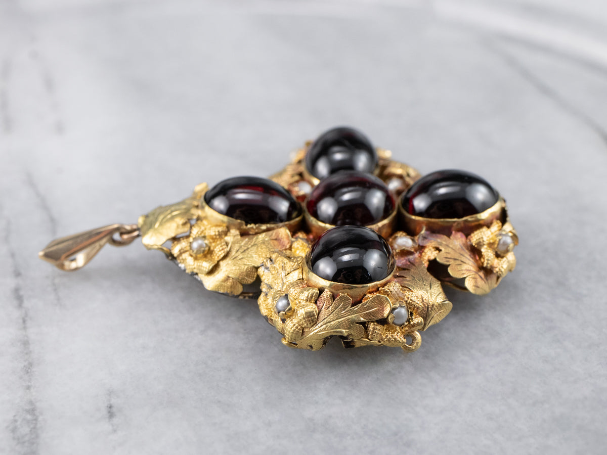 Botanical Garnet Cabochon and Seed Pearl Pendant