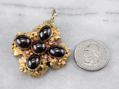 Botanical Garnet Cabochon and Seed Pearl Pendant