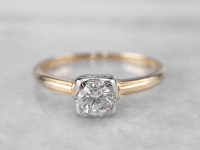 Vintage Diamond Solitaire Engagement Ring in Two Tone Gold