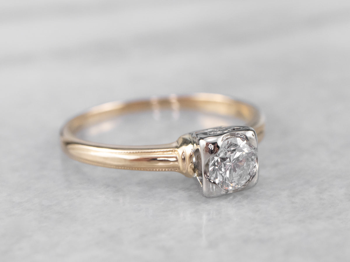 Vintage Diamond Solitaire Engagement Ring in Two Tone Gold