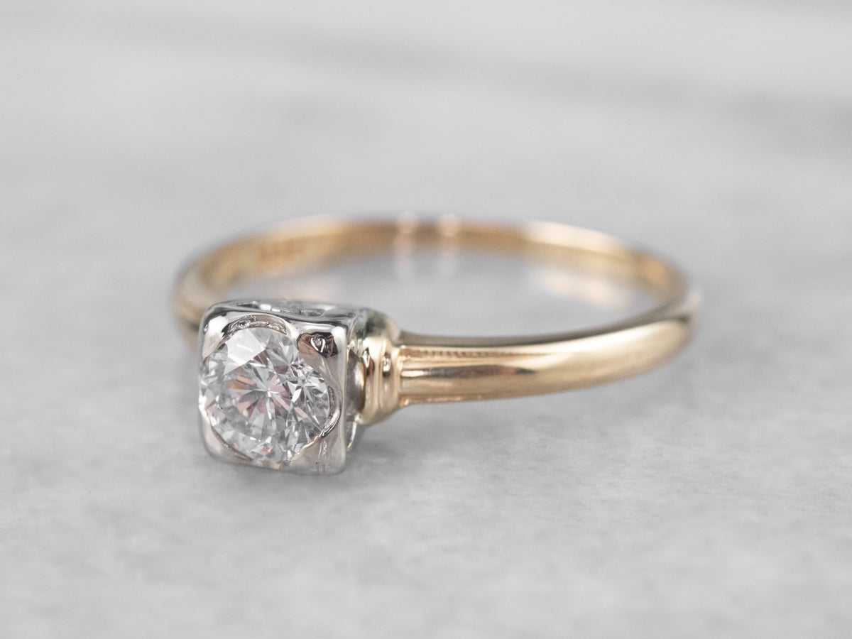Vintage Diamond Solitaire Engagement Ring in Two Tone Gold