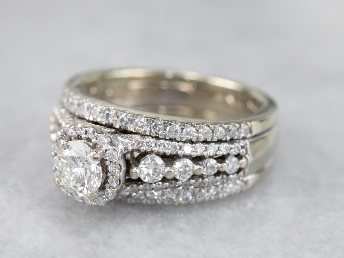 3 Ct Diamond Halo Engagement Ring Matching Wedding Band Set 14k White Gold