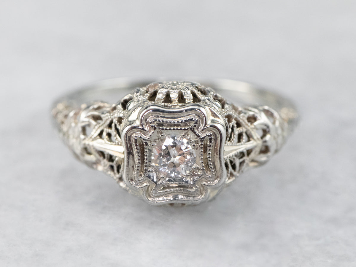 Art Deco Old Mine Cut Diamond Solitaire Engagement Ring