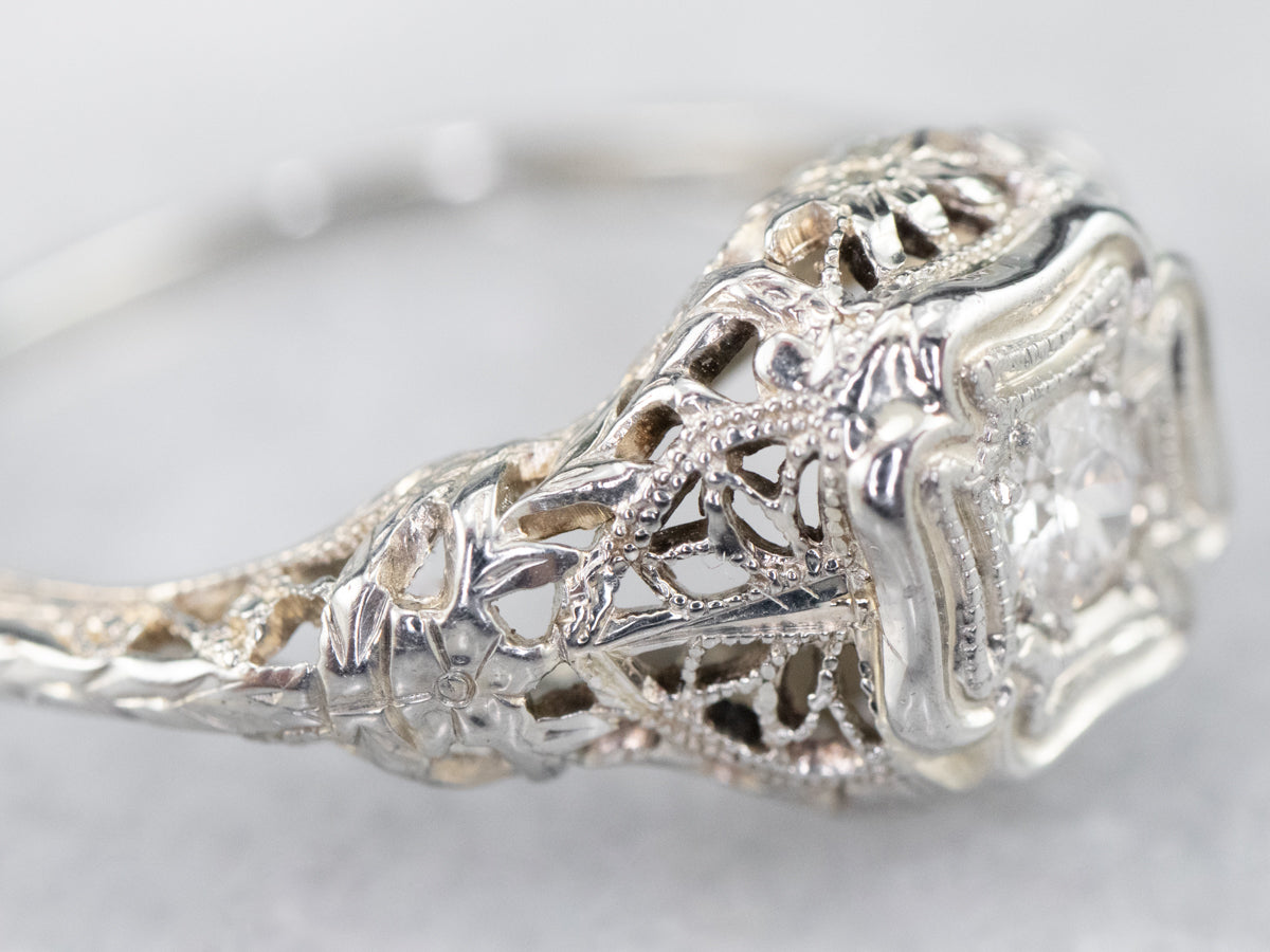 Art Deco Old Mine Cut Diamond Solitaire Engagement Ring