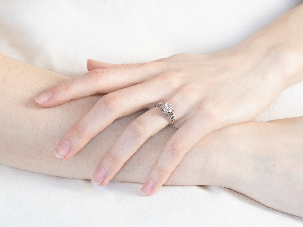 Art Deco Old Mine Cut Diamond Solitaire Engagement Ring