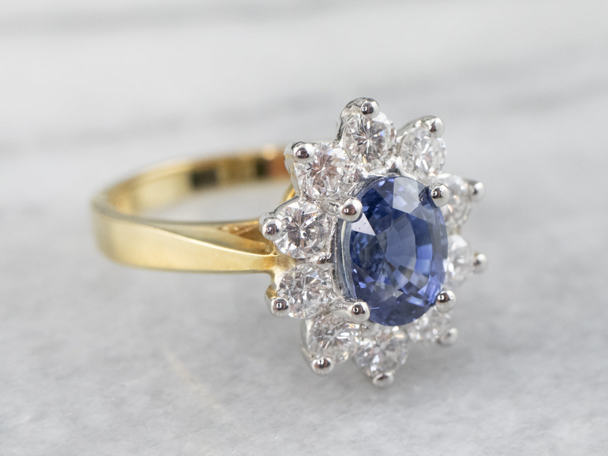 18K Gold and Platinum Sapphire Diamond Halo Ring