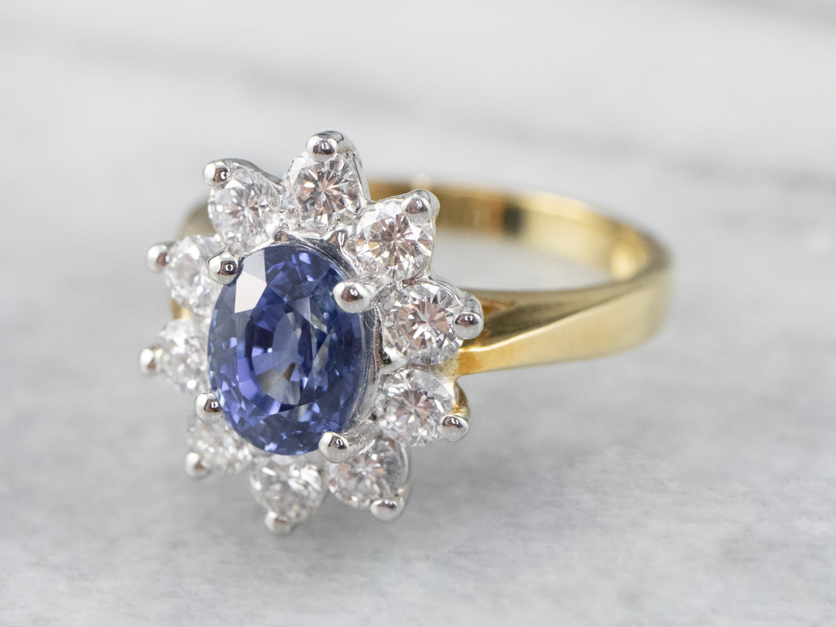 18K Gold and Platinum Sapphire Diamond Halo Ring