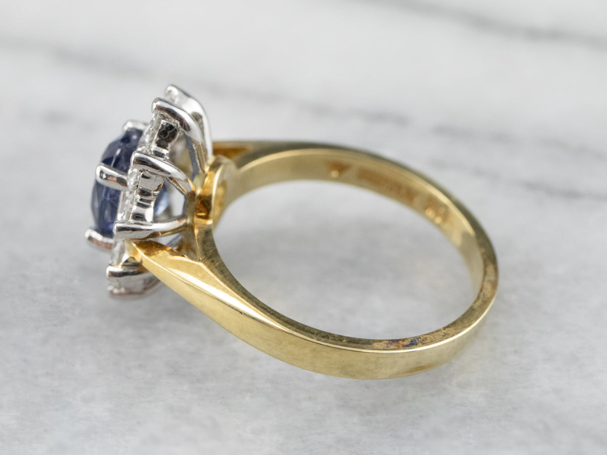 18K Gold and Platinum Sapphire Diamond Halo Ring