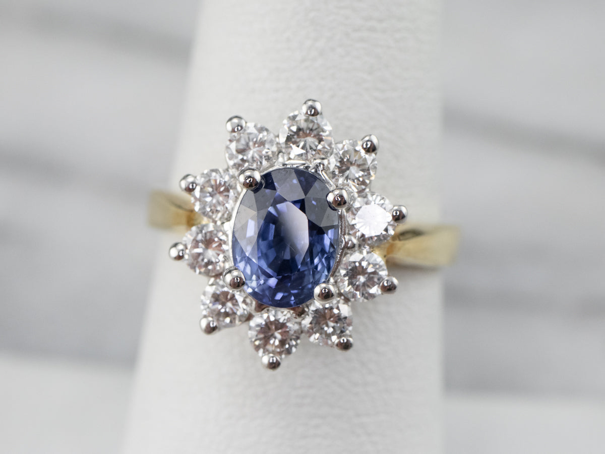 18K Gold and Platinum Sapphire Diamond Halo Ring