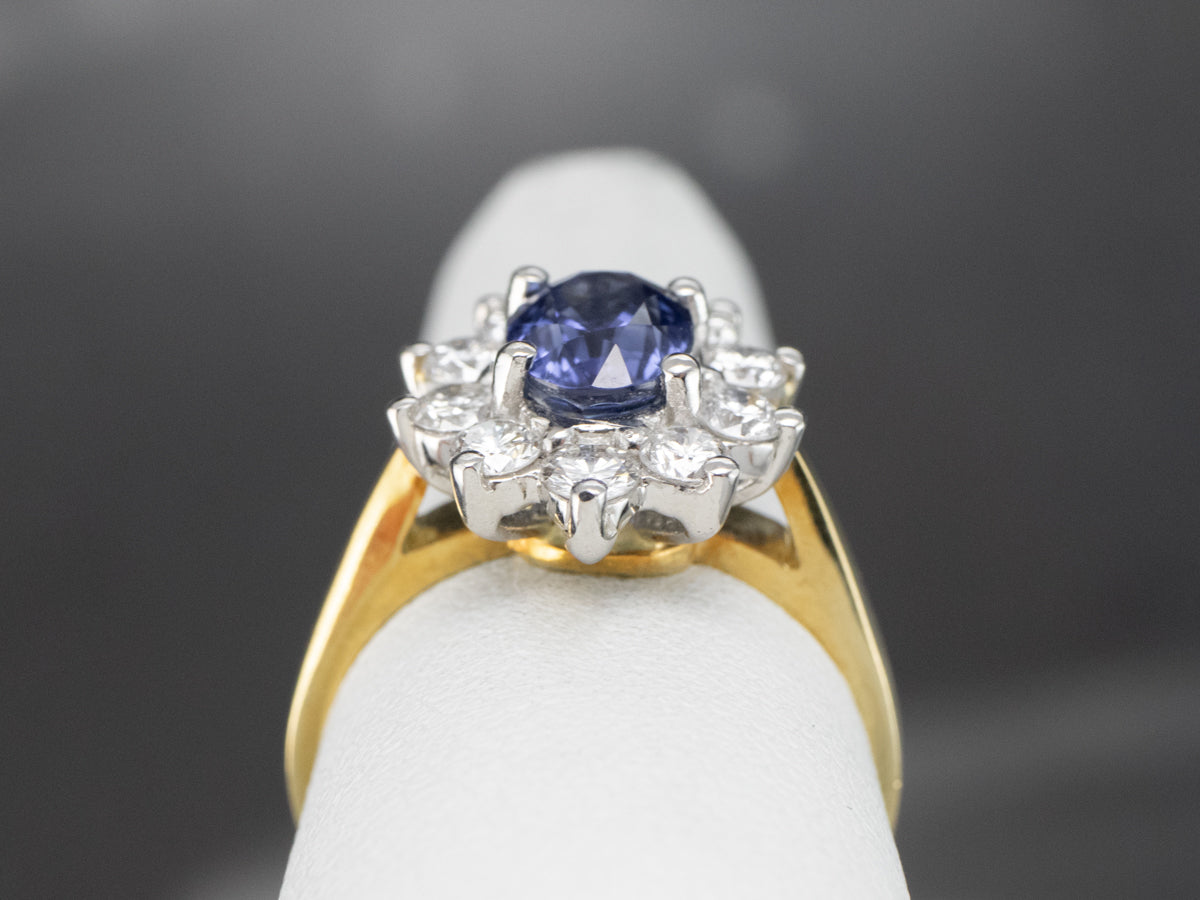 18K Gold and Platinum Sapphire Diamond Halo Ring