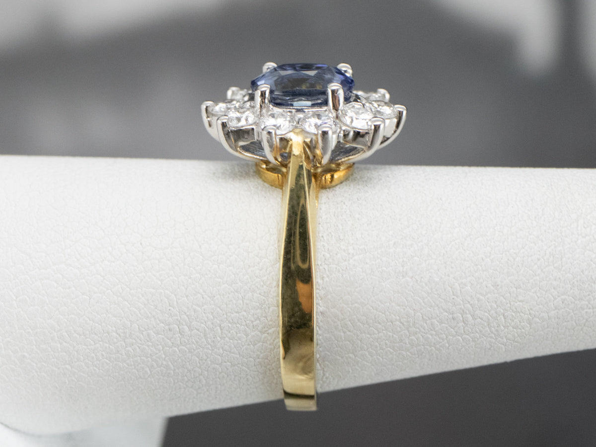 18K Gold and Platinum Sapphire Diamond Halo Ring