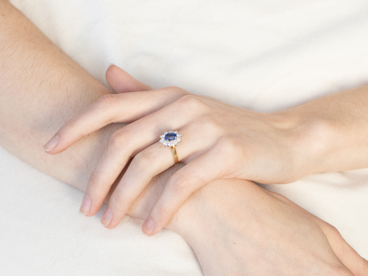 18K Gold and Platinum Sapphire Diamond Halo Ring