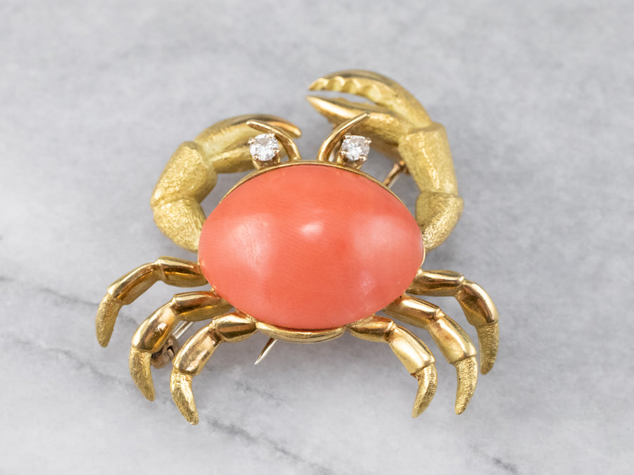 Vintage Coral and Diamond Crab Brooch