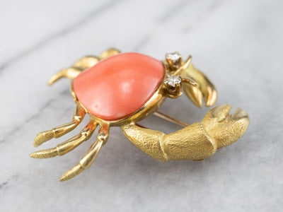 Vintage Coral and Diamond Crab Brooch
