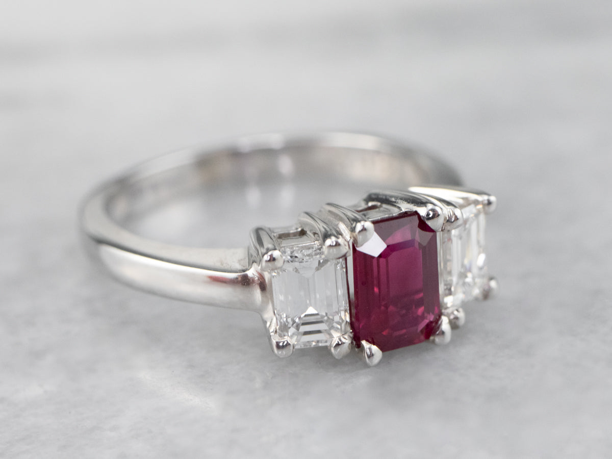 Emerald Cut Ruby and Diamond Ring