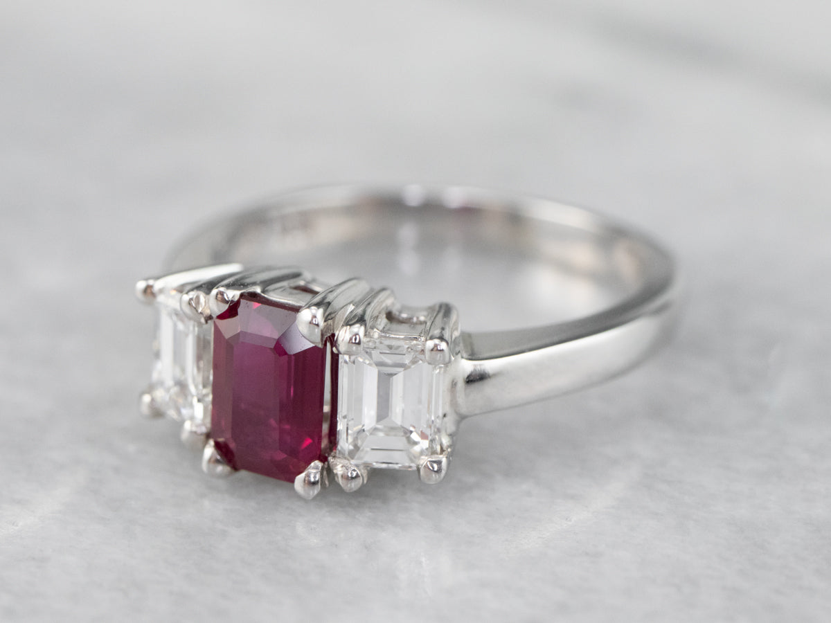 Emerald Cut Ruby and Diamond Ring