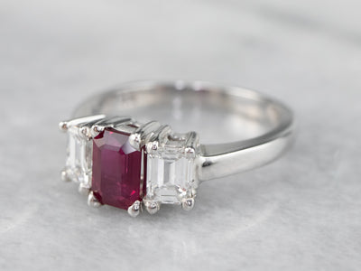 Emerald Cut Ruby and Diamond Ring