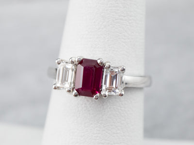 Emerald Cut Ruby and Diamond Ring