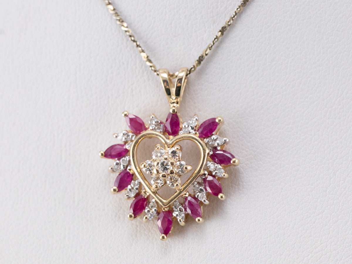 Floral Diamond and Ruby Heart Pendant