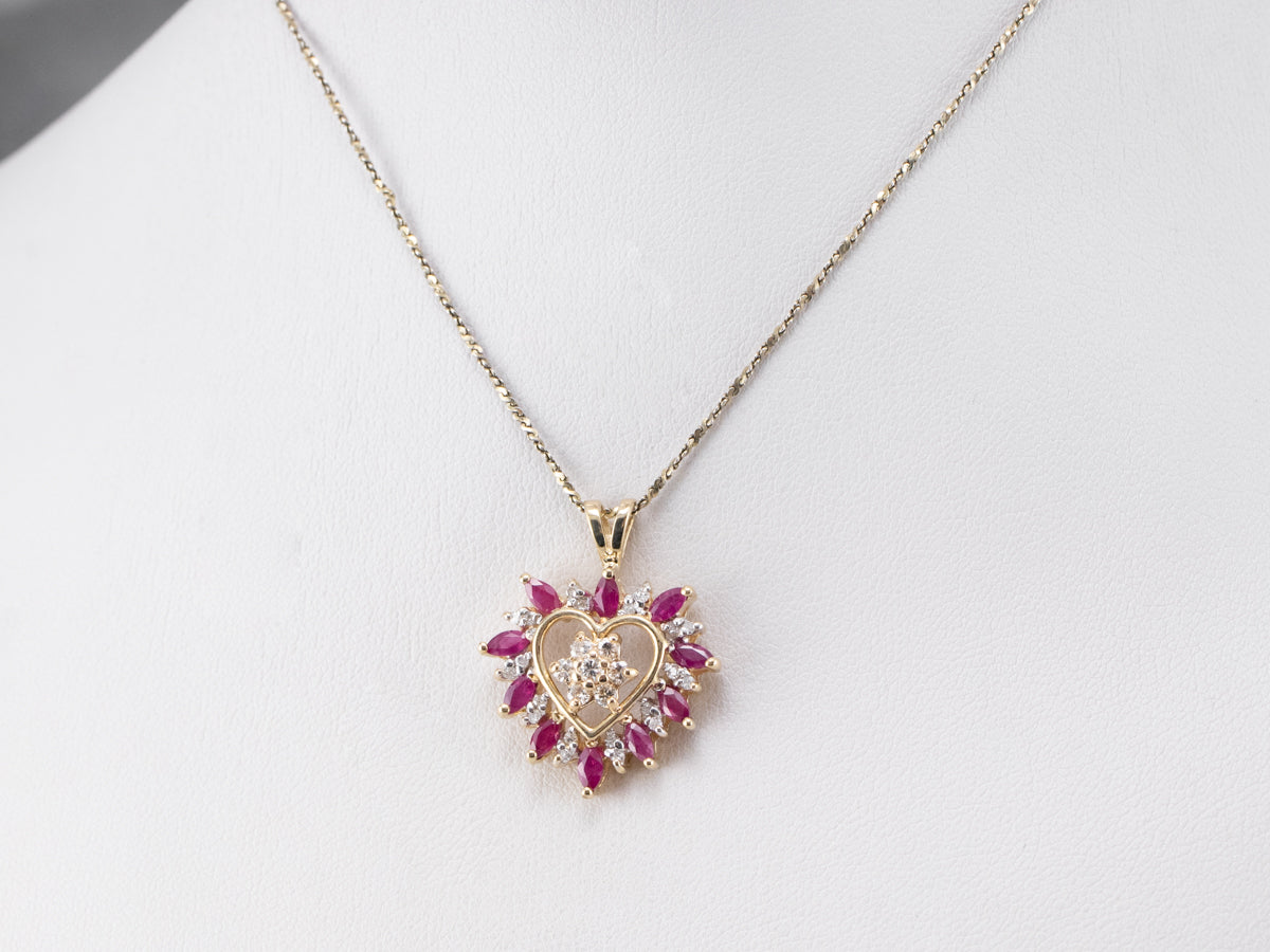 Floral Diamond and Ruby Heart Pendant