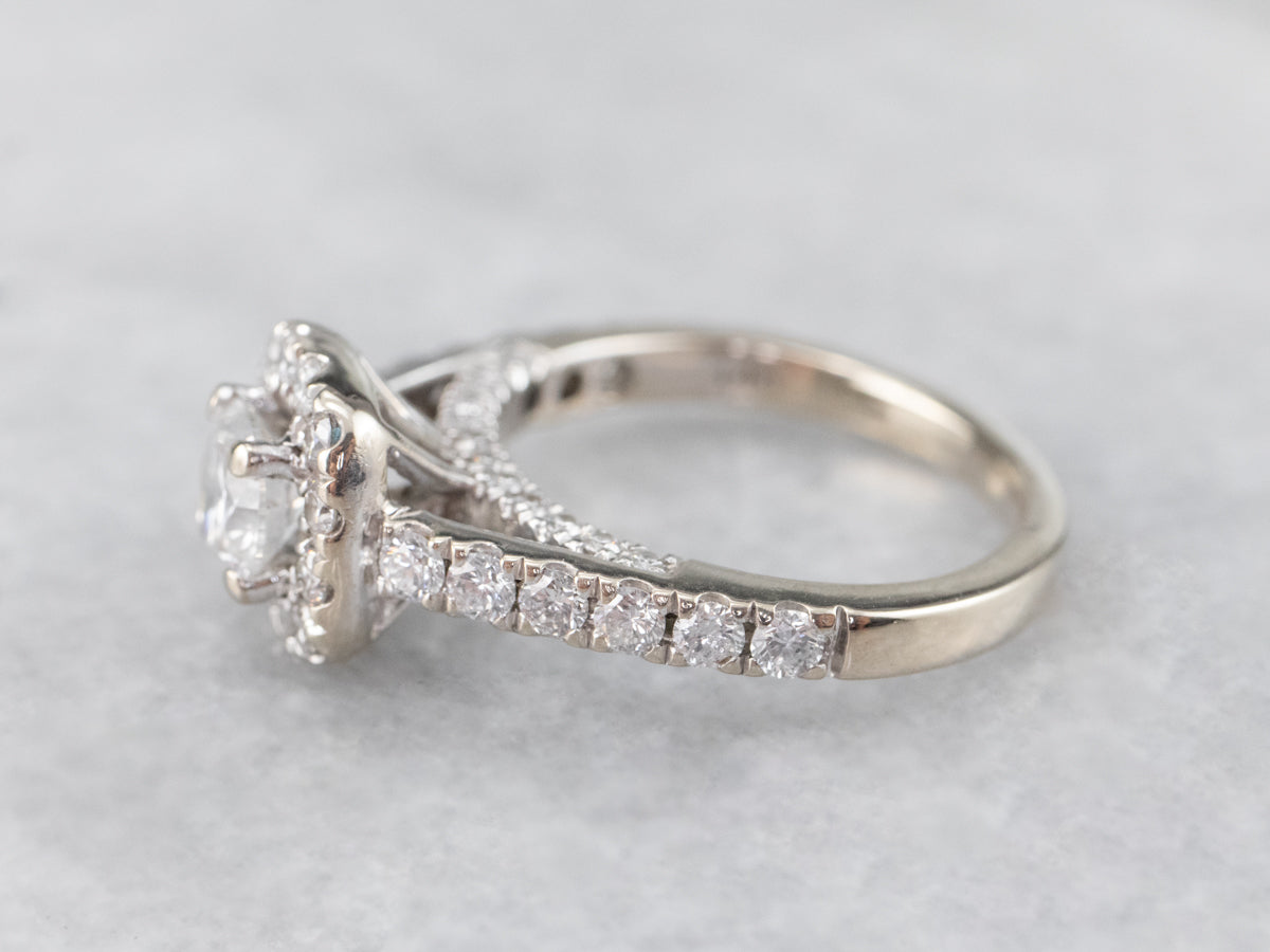 Modern White Gold Diamond Halo Engagement Ring