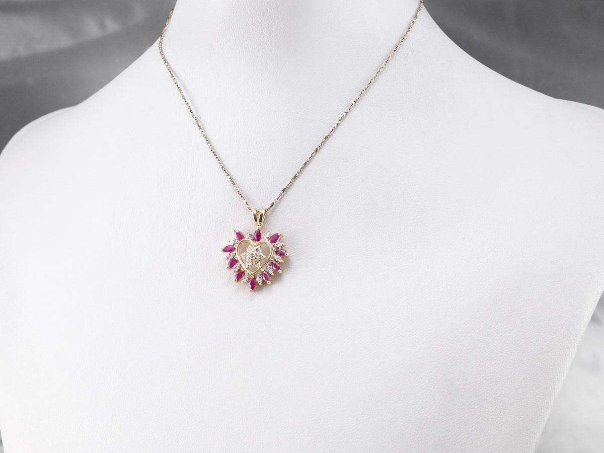 Floral Diamond and Ruby Heart Pendant