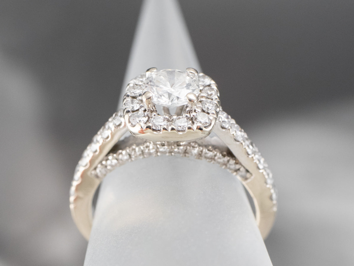 Modern White Gold Diamond Halo Engagement Ring