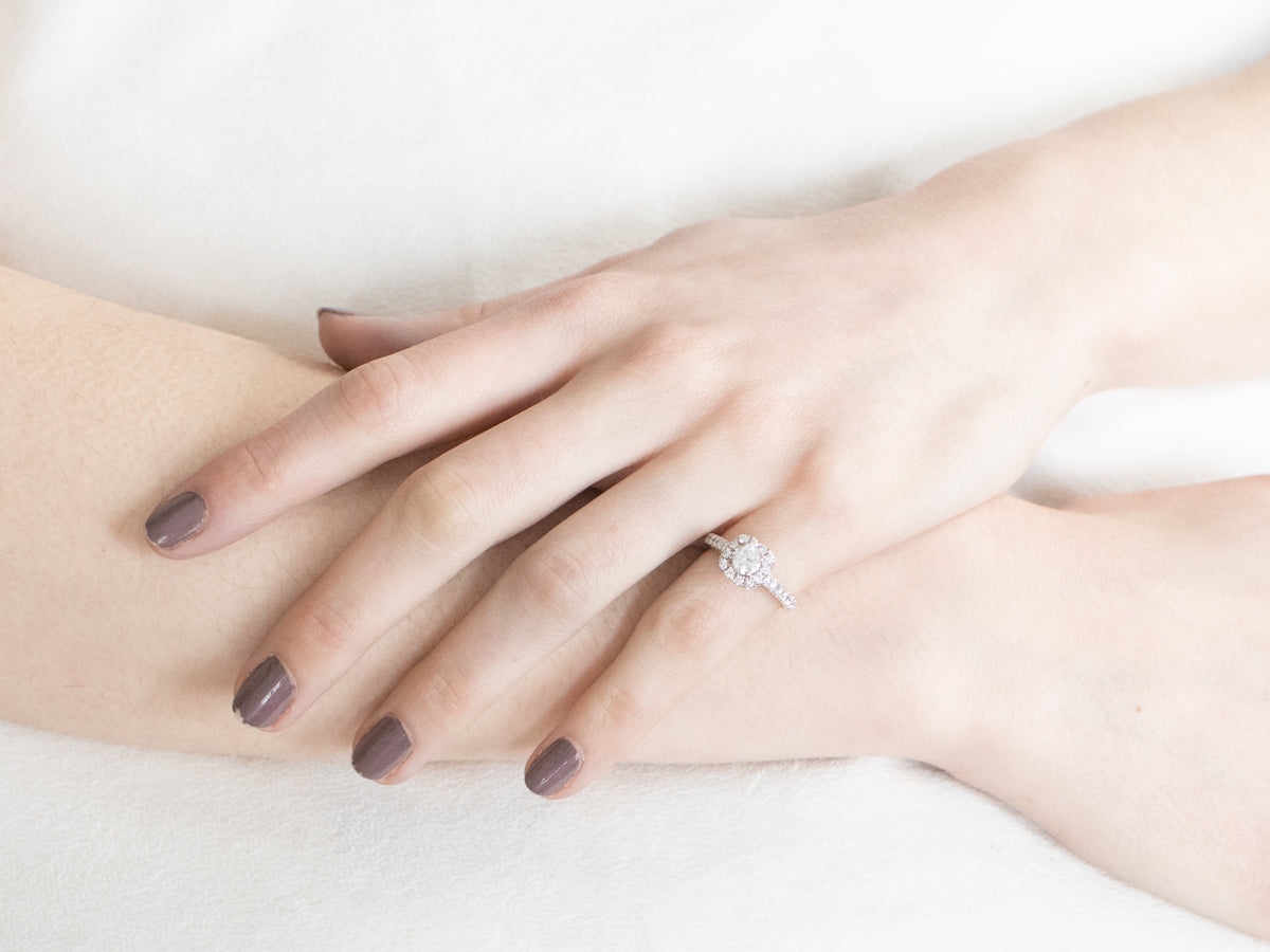 Modern White Gold Diamond Halo Engagement Ring